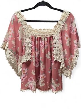 Anthropologie Elouise Boho Floral Lace-Trim Off-Shoulder Blouse - Dusty Rose XS